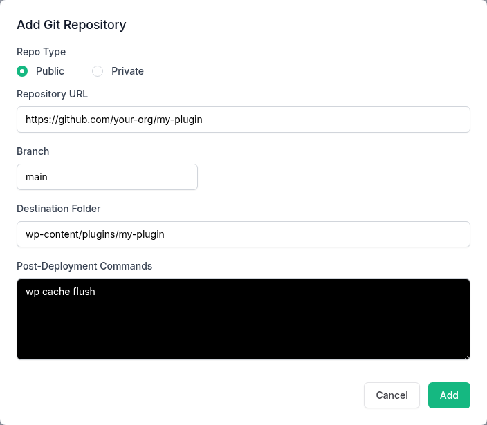The Add Git Repository dialog in InstaWP Settings, Deployments, filled in with a public GitHub repository URL, the main branch, the destination folder wp-content/plugins/my-plugin and a post-deployment command of wp cache flush.