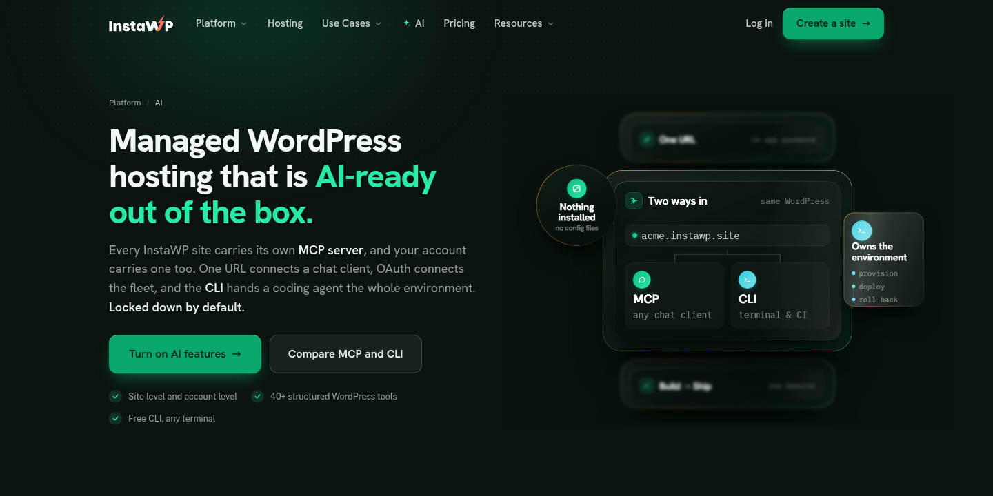 InstaWP AI features page: every InstaWP site carries its own MCP server, with MCP for any chat client and the CLI for terminals