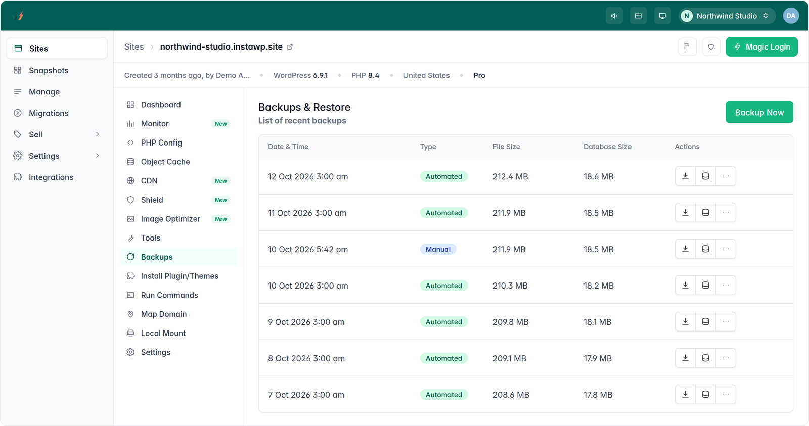 InstaWP Backups and Restore panel listing automated and manual backups with file size, database size and restore actions
