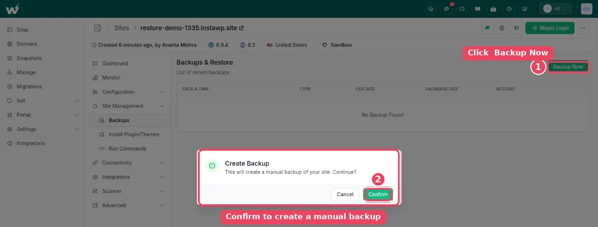 The InstaWP Backups and Restore screen with the Backup Now button and the Create Backup confirmation dialog.