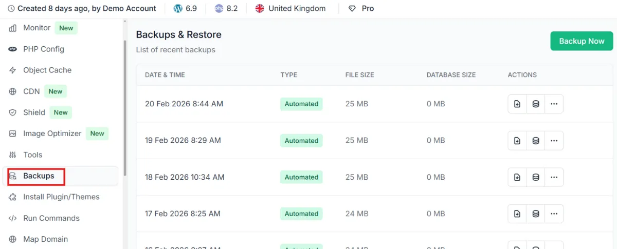 InstaWP Backups and Restore screen listing automated daily backups on a Pro site with restore and download actions