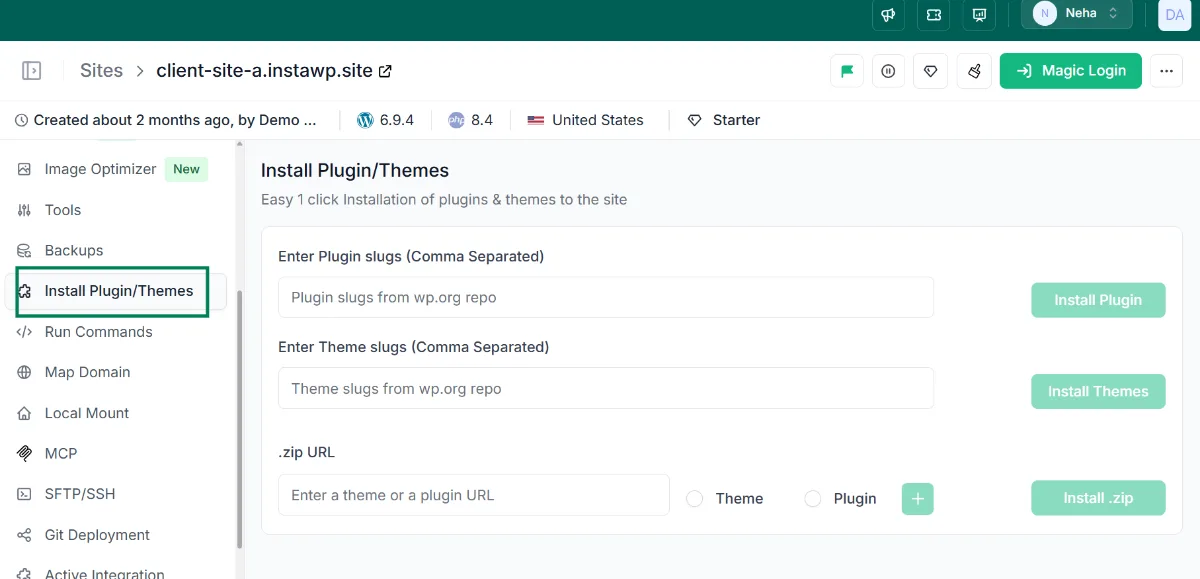 InstaWP Install Plugins/Themes screen for bulk installing a responsive theme by slug or zip file