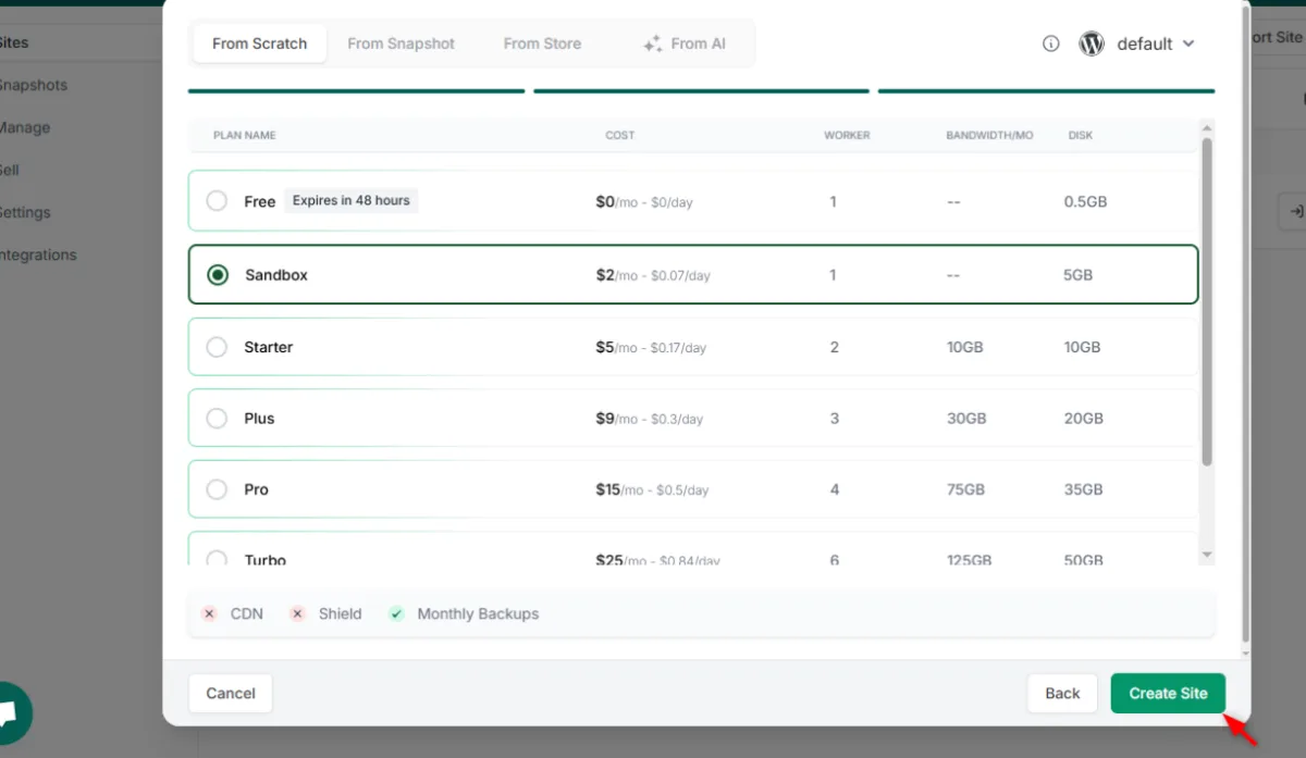 InstaWP plan picker showing per-site plans for a new WordPress site