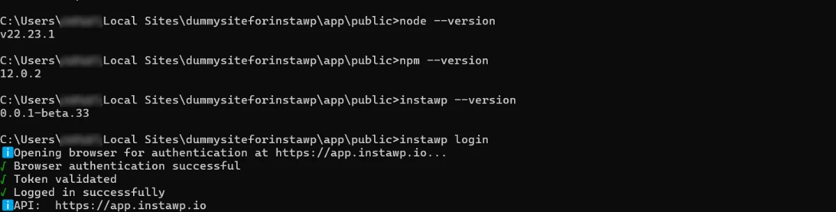 Terminal checking node, npm and instawp versions, then instawp login opening the browser and logging in successfully