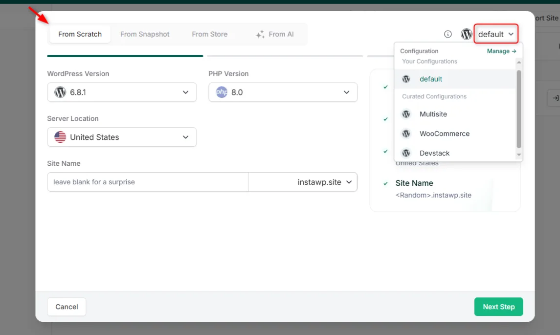InstaWP site configuration screen for choosing the WordPress version, PHP version and server region