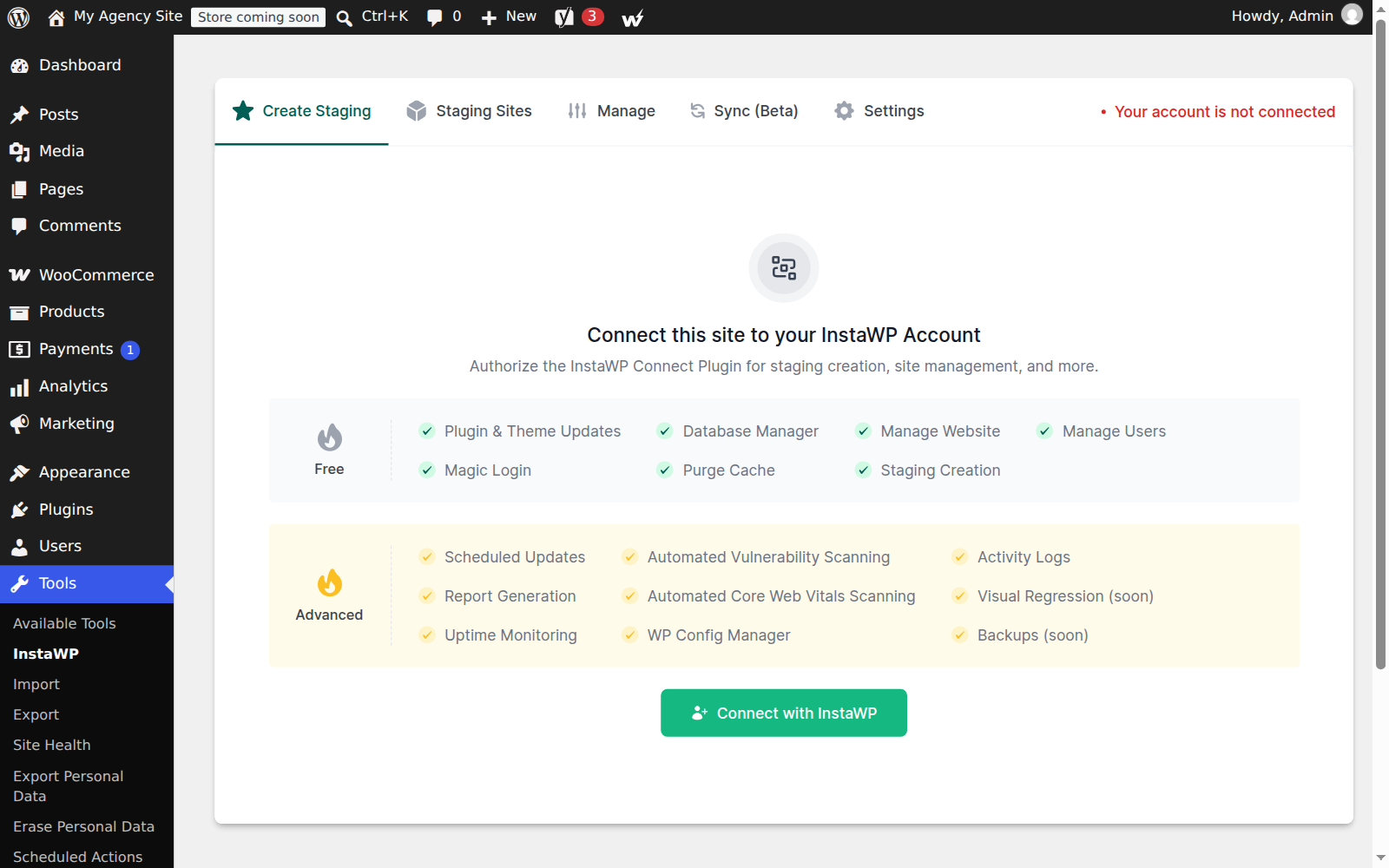 InstaWP Connect Create Staging tab asking you to connect the site to your InstaWP account