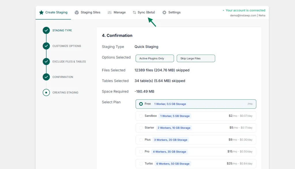 InstaWP Connect staging confirmation step showing the staging type, skipped files and tables, and the plan picker with daily prices, with the Sync (Beta) tab highlighted