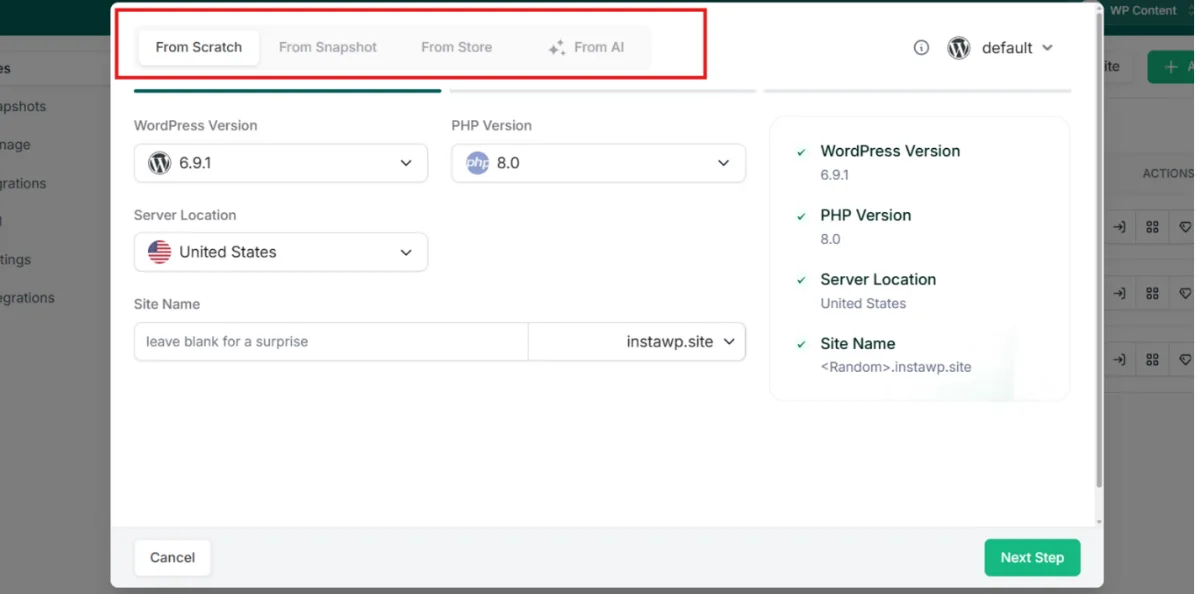 InstaWP new site options: create a WordPress site from scratch, from a snapshot, from the store or with AI