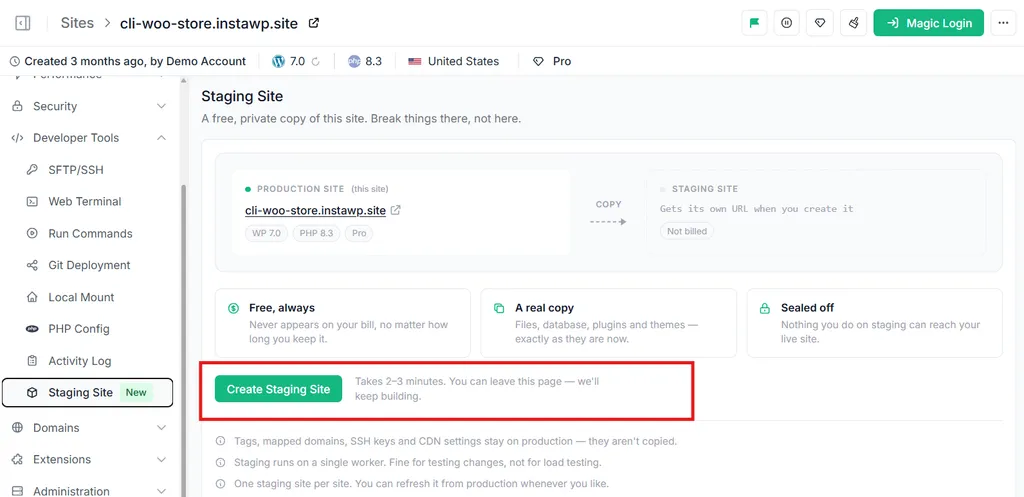 The Staging Site page on an InstaWP Pro production site with the Create Staging Site button