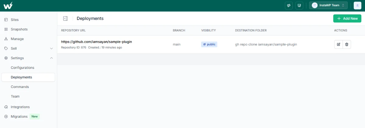 The InstaWP Deployments page listing a connected GitHub repository with its branch, visibility and destination folder.