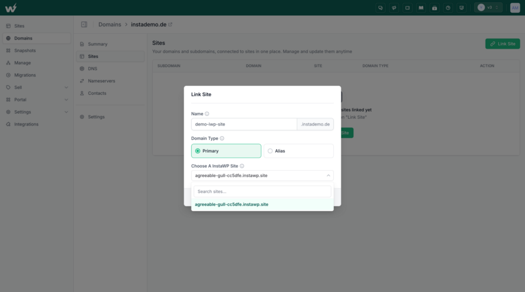 InstaWP Domains Link Site modal with subdomain name, Primary or Alias type, and site picker