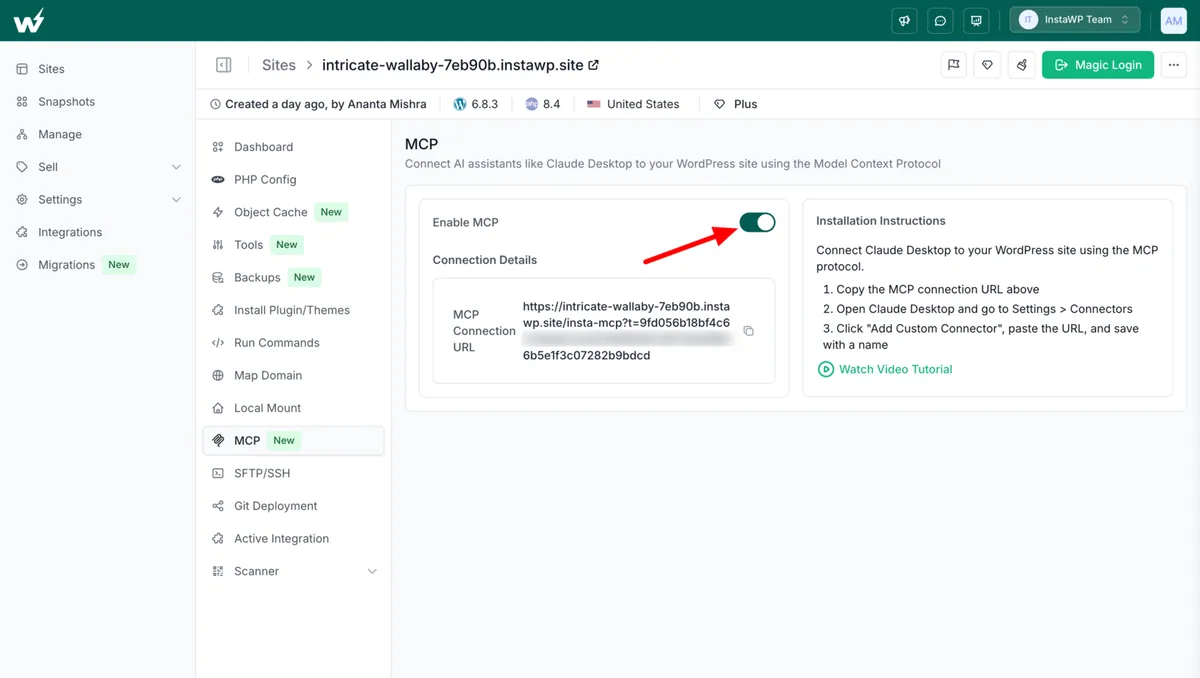 InstaWP MCP tab with the Enable MCP toggle switched on and the MCP connection URL