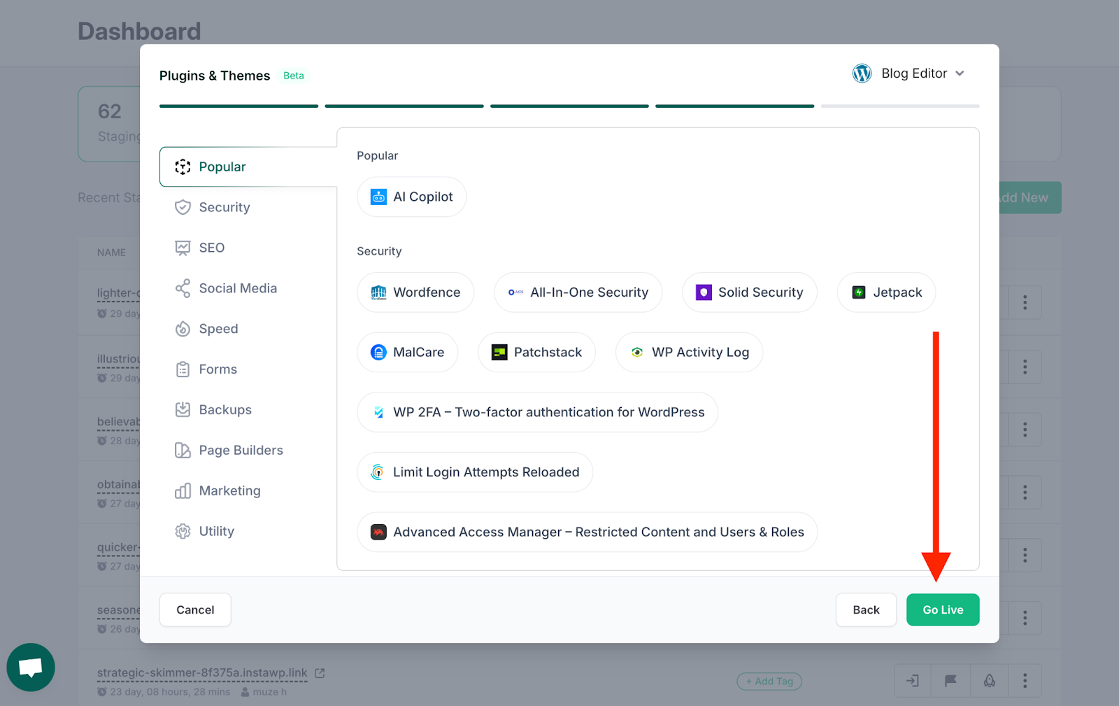InstaWP Plugins and Themes step of the go-live wizard with the Go Live button