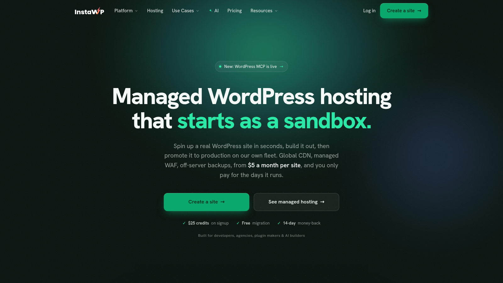InstaWP homepage: managed WordPress hosting that starts as a sandbox