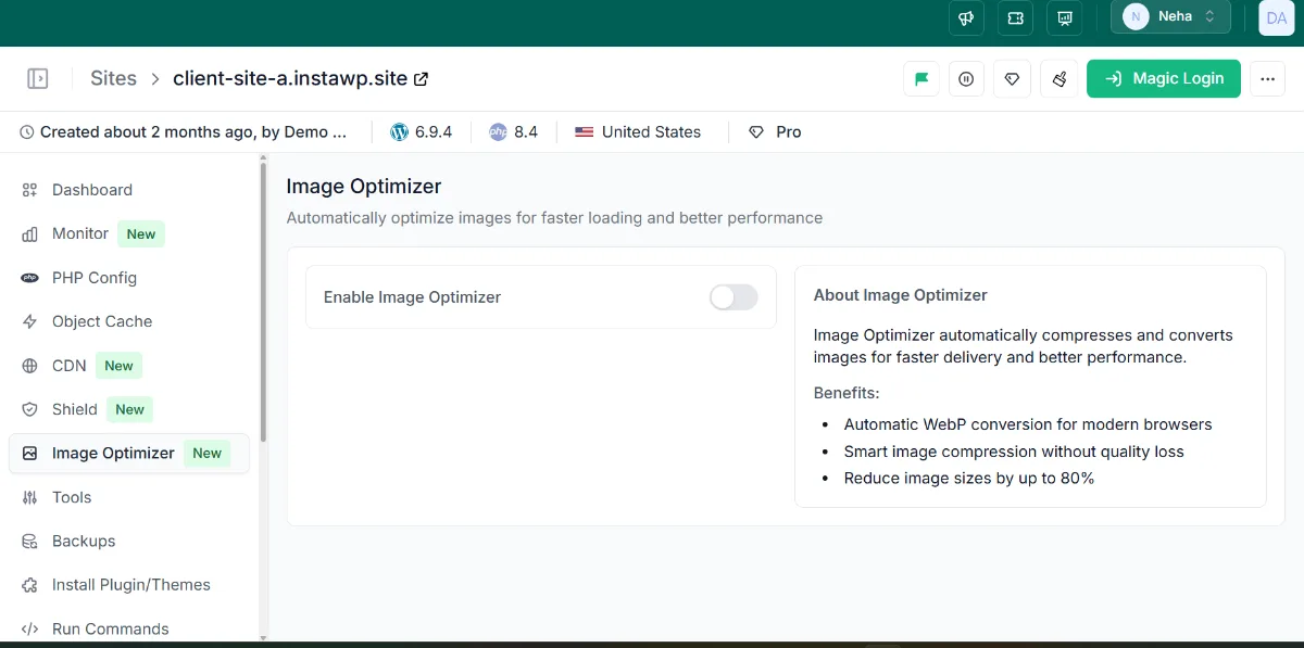 InstaWP Image Optimizer panel with the Enable Image Optimizer toggle for automatic WebP conversion