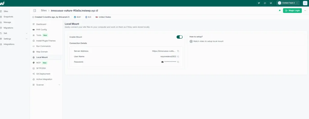 InstaWP Local Mount panel on a site dashboard, used to open cloud WordPress files in a local editor