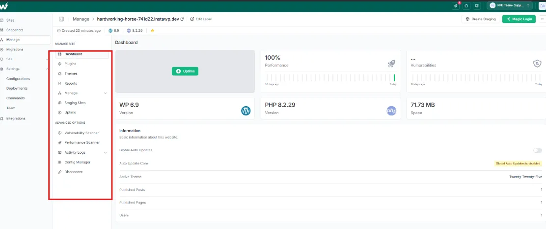 InstaWP Manage dashboard showing uptime, performance and vulnerability status with the vulnerability scanner, performance scanner and activity logs