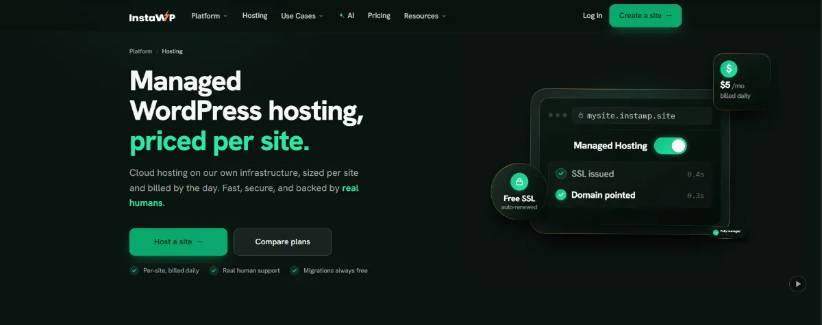 InstaWP managed WordPress hosting page: priced per site, billed daily, with free auto-renewed SSL and domain pointing