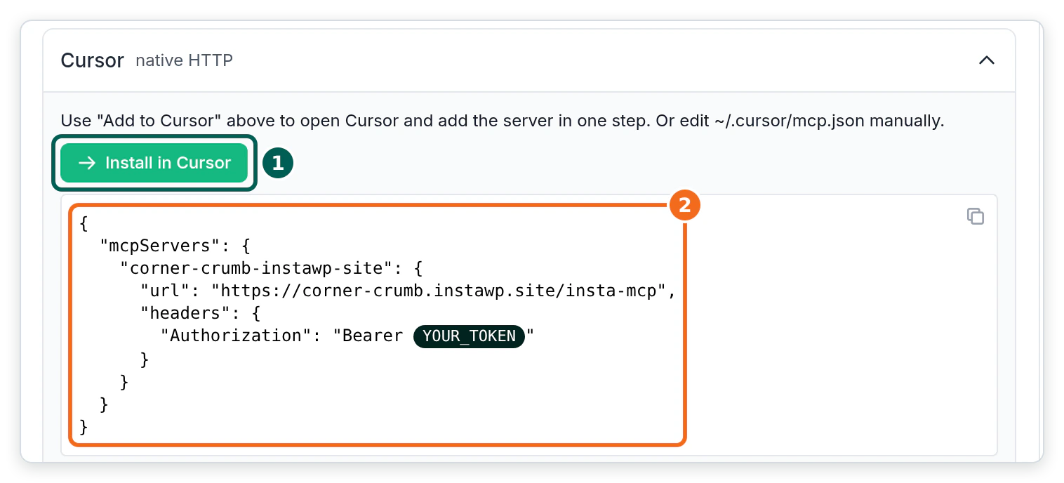 The Cursor entry in the InstaWP setup guides, showing an Install in Cursor button and an mcpServers JSON block where the server URL ends in /insta-mcp and the token travels in an Authorization Bearer header.