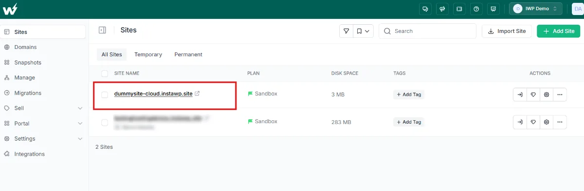 A local WordPress site pushed with instawp migrate push, now listed in the InstaWP Sites dashboard on the Sandbox plan