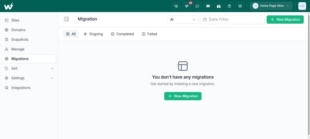 InstaWP Migration dashboard with the AI engine selected and the New Migration button