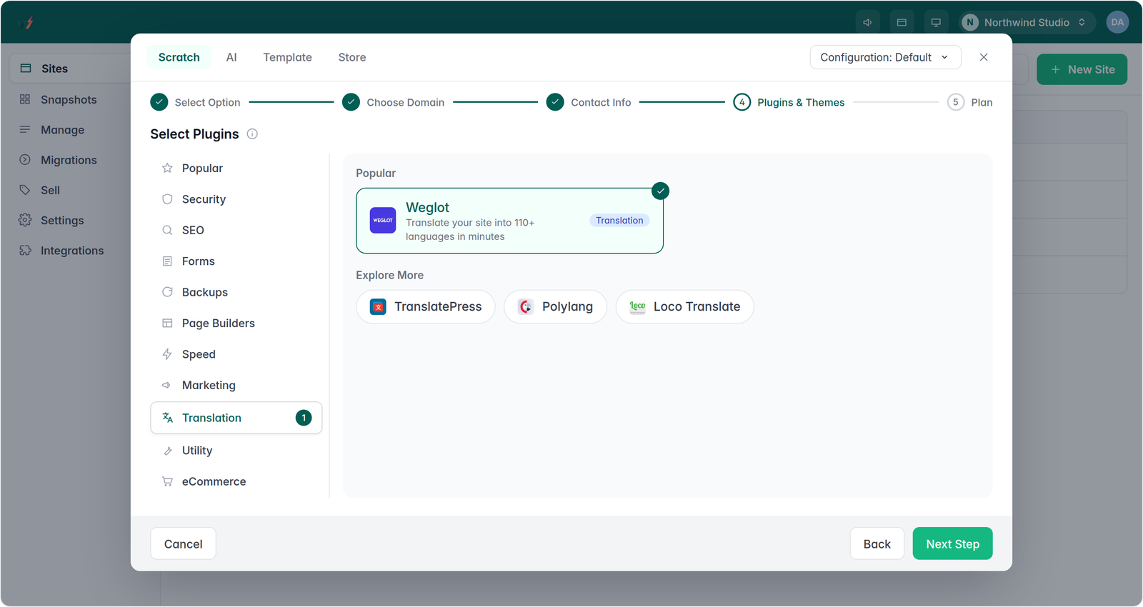 InstaWP New Site wizard Plugins and Themes step with the Weglot plugin selected under the Translation category