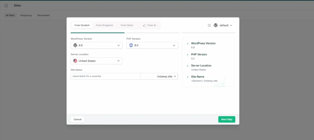 InstaWP new site wizard with From Scratch, Snapshot and Store tabs, WordPress and PHP version selectors and server location