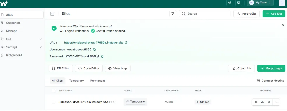 InstaWP dashboard showing a new WordPress site is ready, with its URL, login credentials, DB Editor, Code Editor and Magic Login