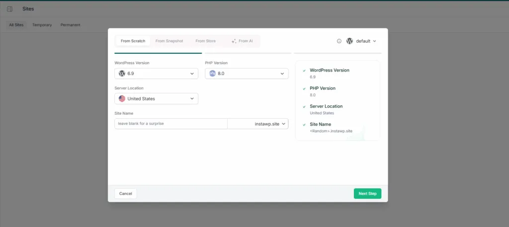 InstaWP new site wizard with From Scratch, From Snapshot and From Store tabs, WordPress and PHP version, server location and site name