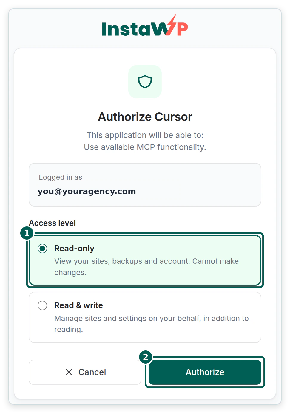 The InstaWP Authorize Cursor screen, with the access level set to Read-only rather than Read and write, and an Authorize button. The account email is replaced with a placeholder.