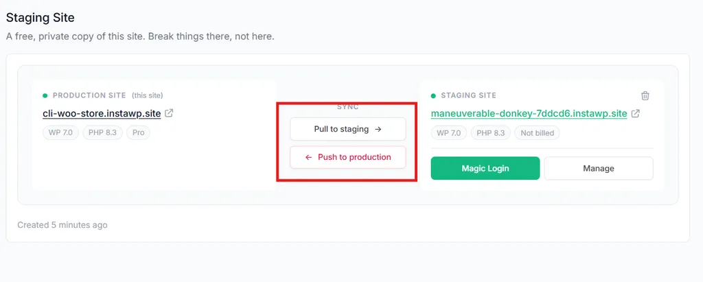 The InstaWP Staging Site panel with the Pull to staging and Push to production sync buttons highlighted