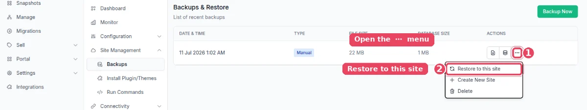 A backup row on the InstaWP Backups and Restore screen with its menu open on Restore to this site.