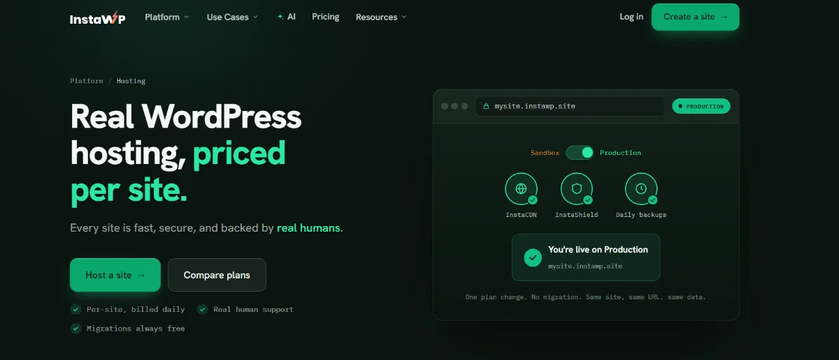 InstaWP managed WordPress hosting: switching a site from Sandbox to Production turns on InstaCDN, InstaShield and daily backups