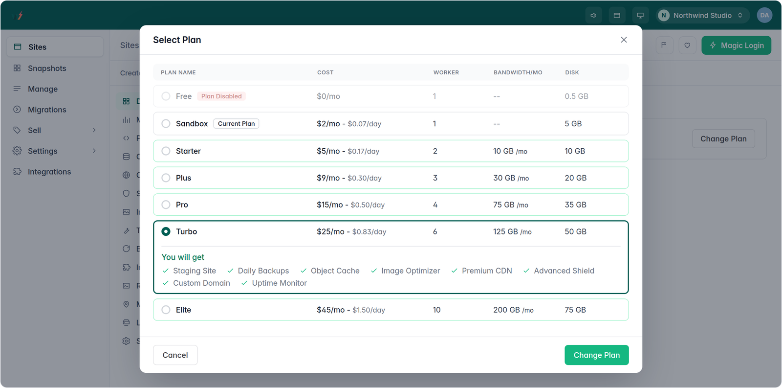 InstaWP Select Plan dialog showing the PHP worker count, bandwidth and disk for every hosting plan