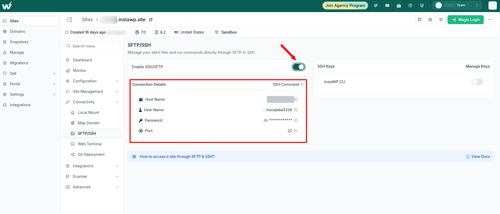 InstaWP SFTP/SSH panel with Enable SSH/SFTP switched on and Connection Details showing host name, user name, masked password and port 22