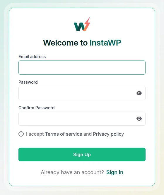 InstaWP sign-up form with email address, password, confirm password and the Sign Up button