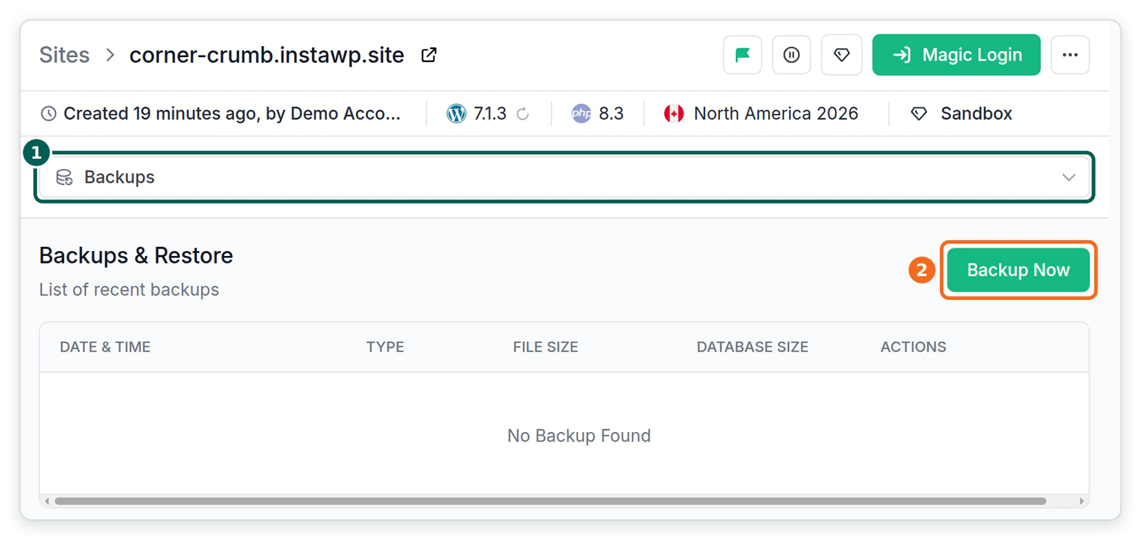The Backups and Restore screen of the sandbox in the InstaWP dashboard, with a Backup Now button and an empty list of recent backups.