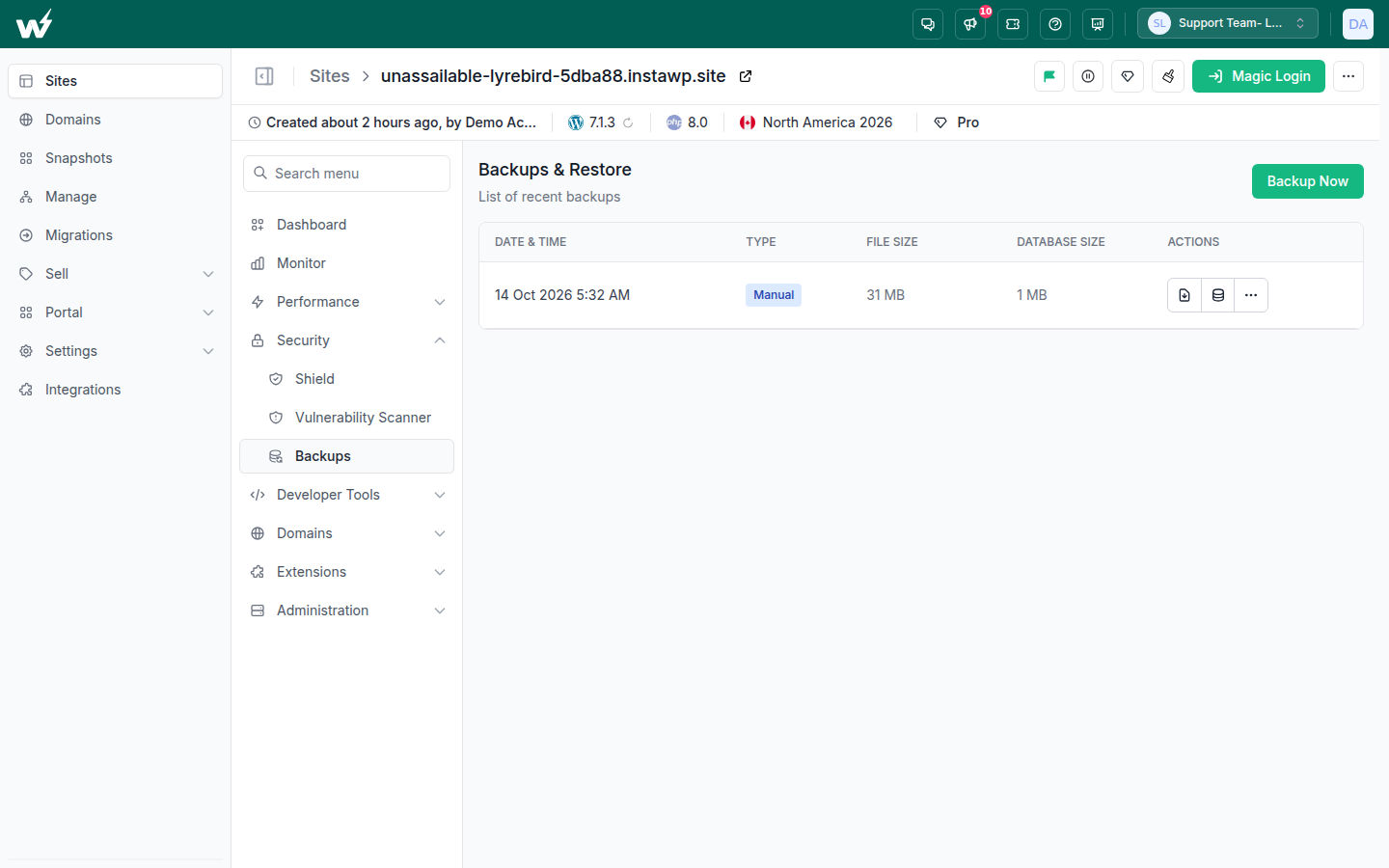 The Backups and Restore screen of an InstaWP site under Security, Backups, listing one manual backup taken on 14 October 2026 with a 31 MB file size and a 1 MB database size, next to the Backup Now button.