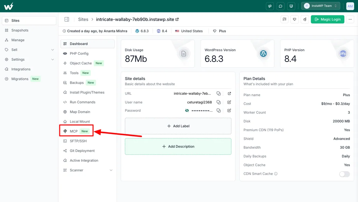 InstaWP site dashboard with the MCP option in the site menu