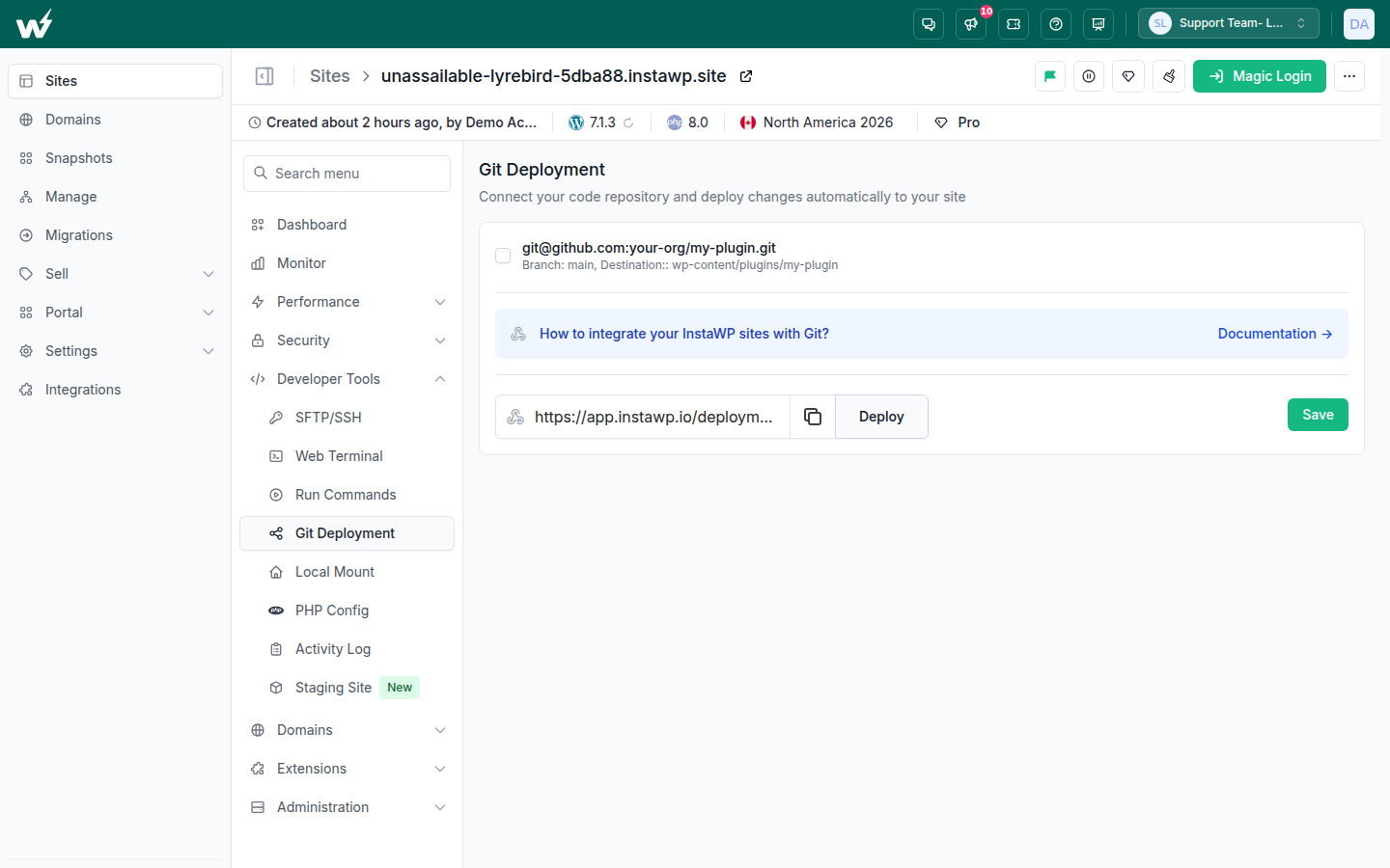 The Git Deployment tab of an InstaWP site under Developer Tools, showing a connected GitHub repository with its branch and destination folder, the deployment webhook URL with a copy button, and a Deploy button.