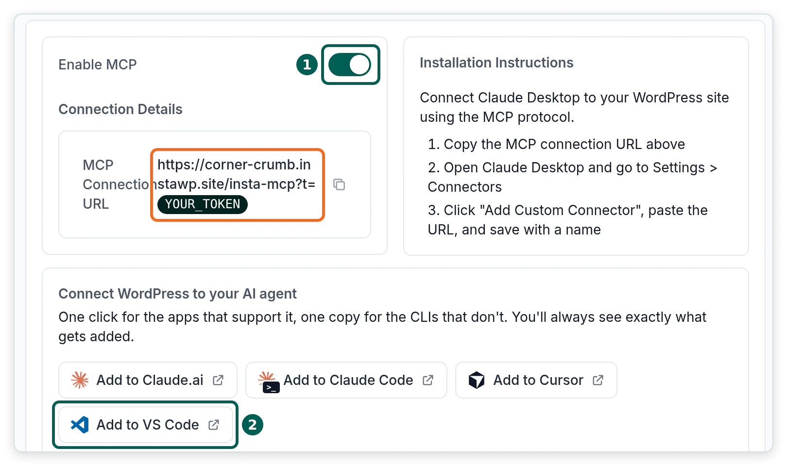 The MCP tab of an InstaWP site with Enable MCP switched on, the connection URL with its token hidden, and the Add to VS Code button highlighted for the one-click GitHub Copilot MCP setup.