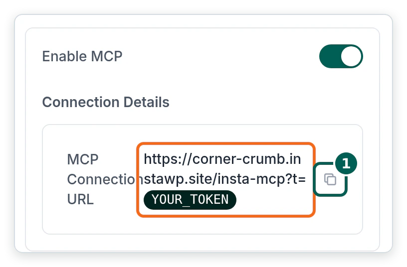 The Connection Details box on an InstaWP site's MCP tab, with the connection URL outlined and the copy icon next to it highlighted.