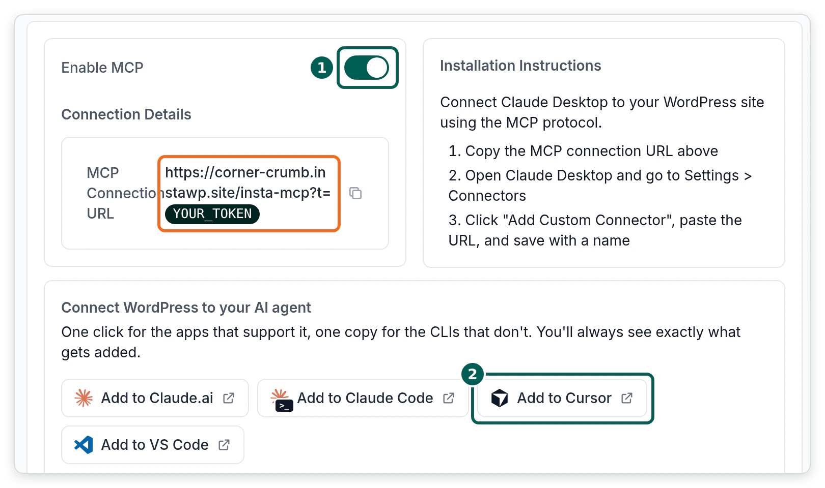 The InstaWP dashboard MCP tab for the site corner-crumb.instawp.site, with Enable MCP switched on, the MCP connection URL shown with the token redacted, and an Add to Cursor button among four one-click client buttons.
