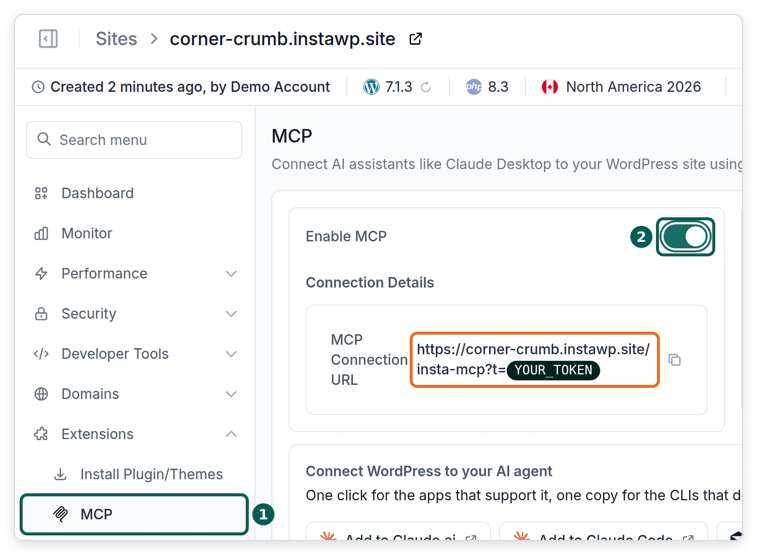 The MCP page of the corner-crumb sandbox in the InstaWP dashboard, with Enable MCP switched on and the MCP connection URL shown with its token replaced by YOUR_TOKEN.
