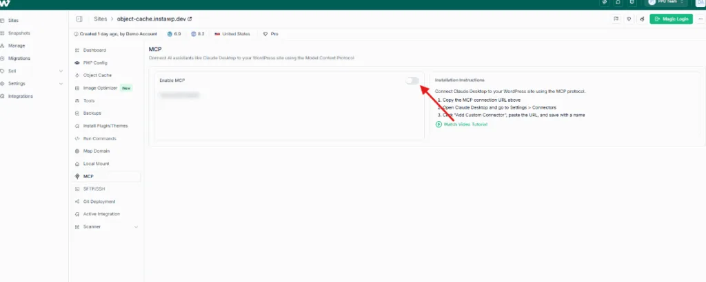 InstaWP site MCP panel with the Enable MCP toggle