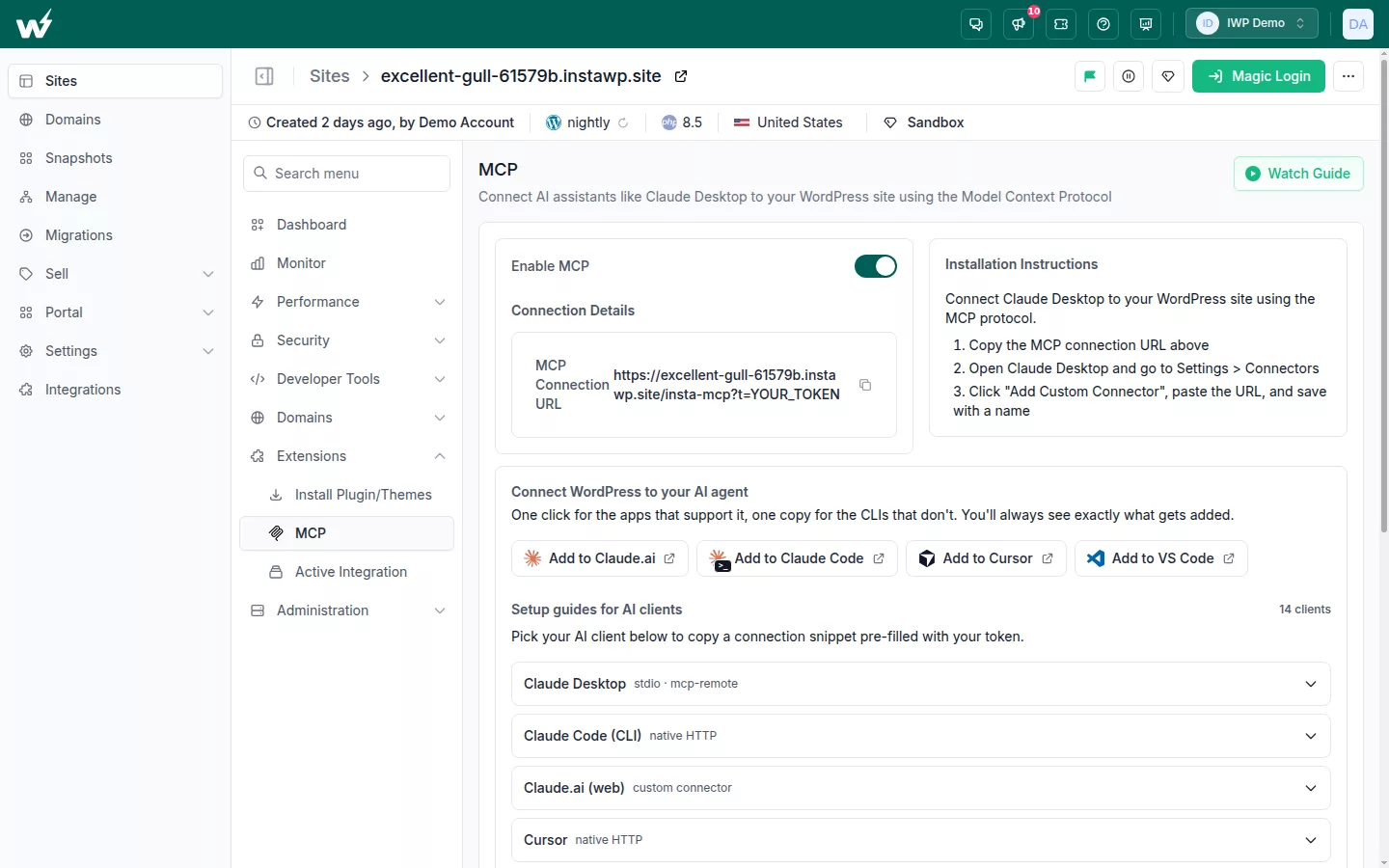 The MCP tab of an InstaWP site with Enable MCP on, the connection URL with the token hidden, one-click Add buttons for Claude.ai, Claude Code, Cursor and VS Code, and the Setup guides for AI clients list showing 14 clients.