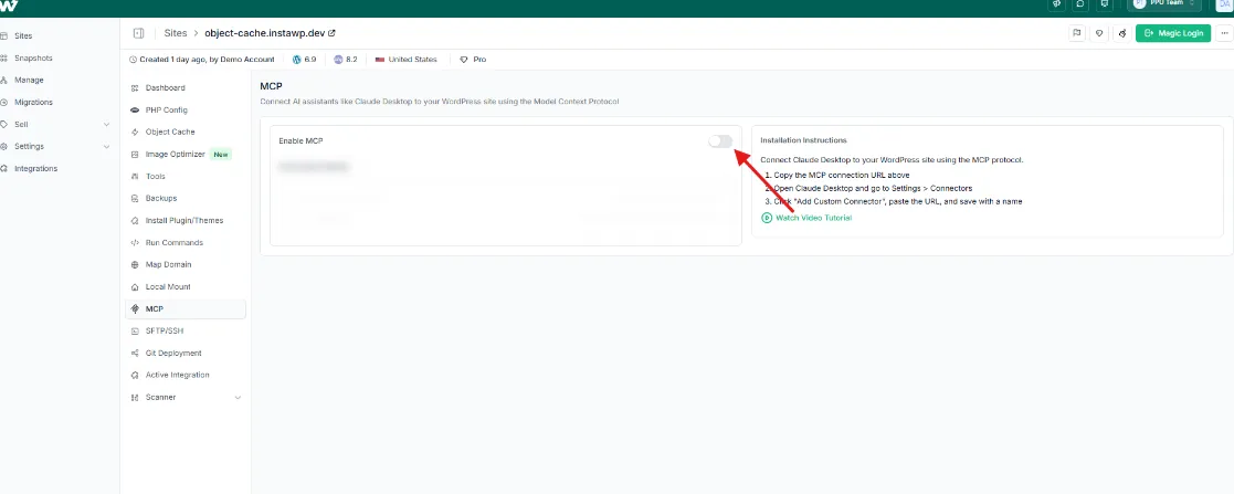 InstaWP site MCP panel with the Enable MCP toggle