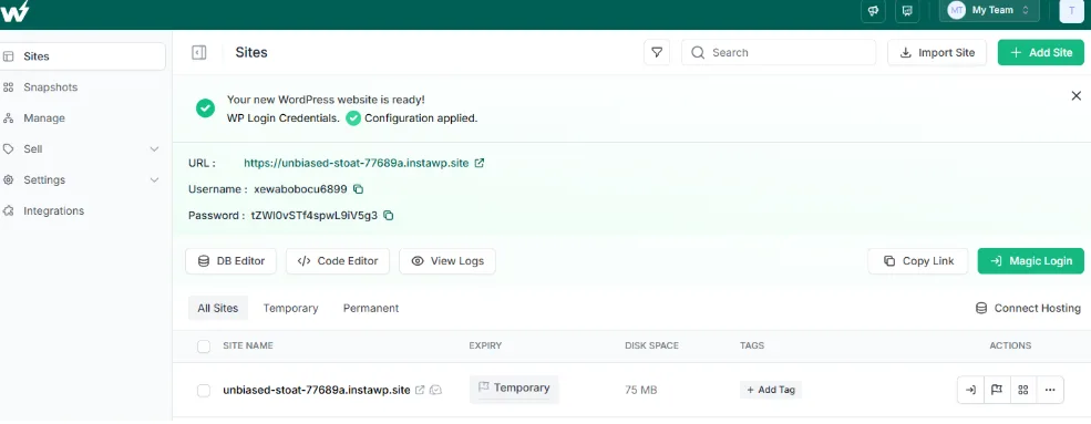 InstaWP confirming a new WordPress site is ready, with its public URL, admin credentials and a Magic Login button.