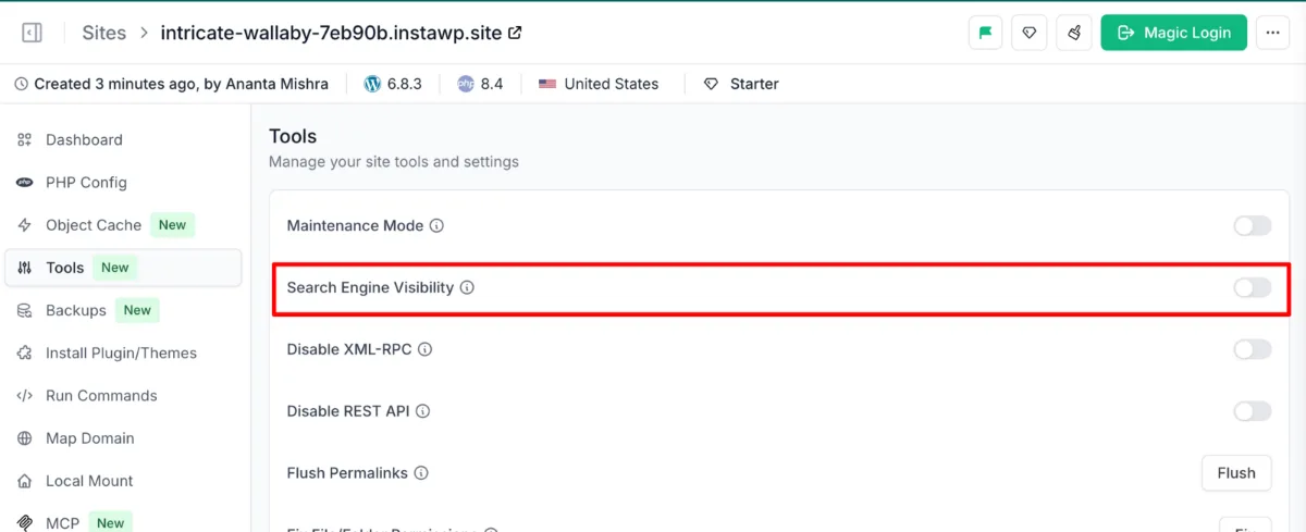 The Search Engine Visibility toggle on an InstaWP site Tools page, the dashboard switch for the same WordPress setting