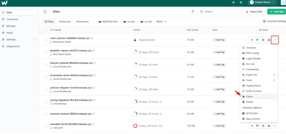 InstaWP sites list with the actions menu open showing PHP Config, Go Live, Deployments, Clone and SFTP/SSH
